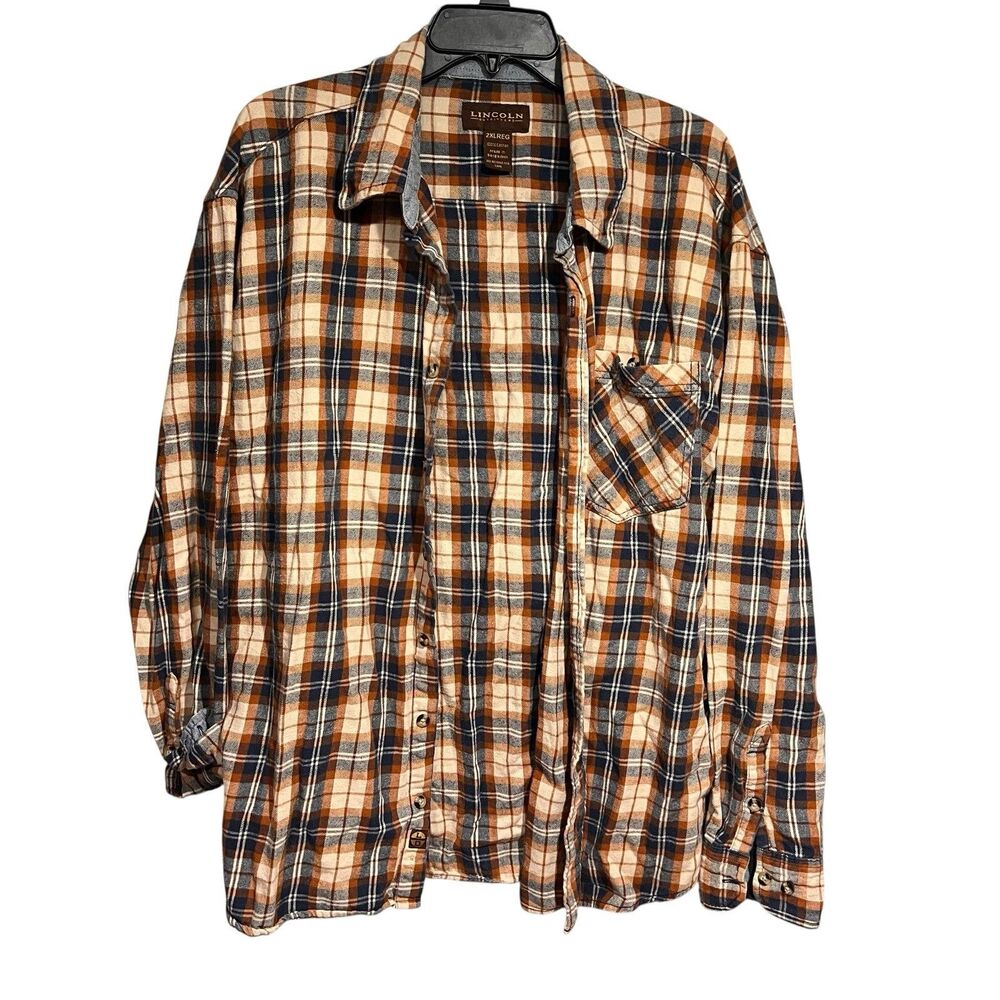 Lincoln Outfitters Flannel Shirt Mens 2XL Tan Blue Rust Plaid Cotton Button Down
